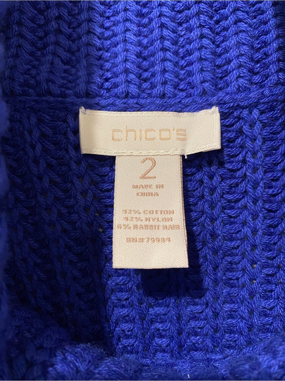 Chico’s Size 2 L Cobalt Blue Fringe Cowl Neck Chunky Knit Sweater - Picture 2 of 6